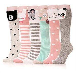 Girls Set of Cute Animal Pattern Knee-High Socks (6 pairs) NWT